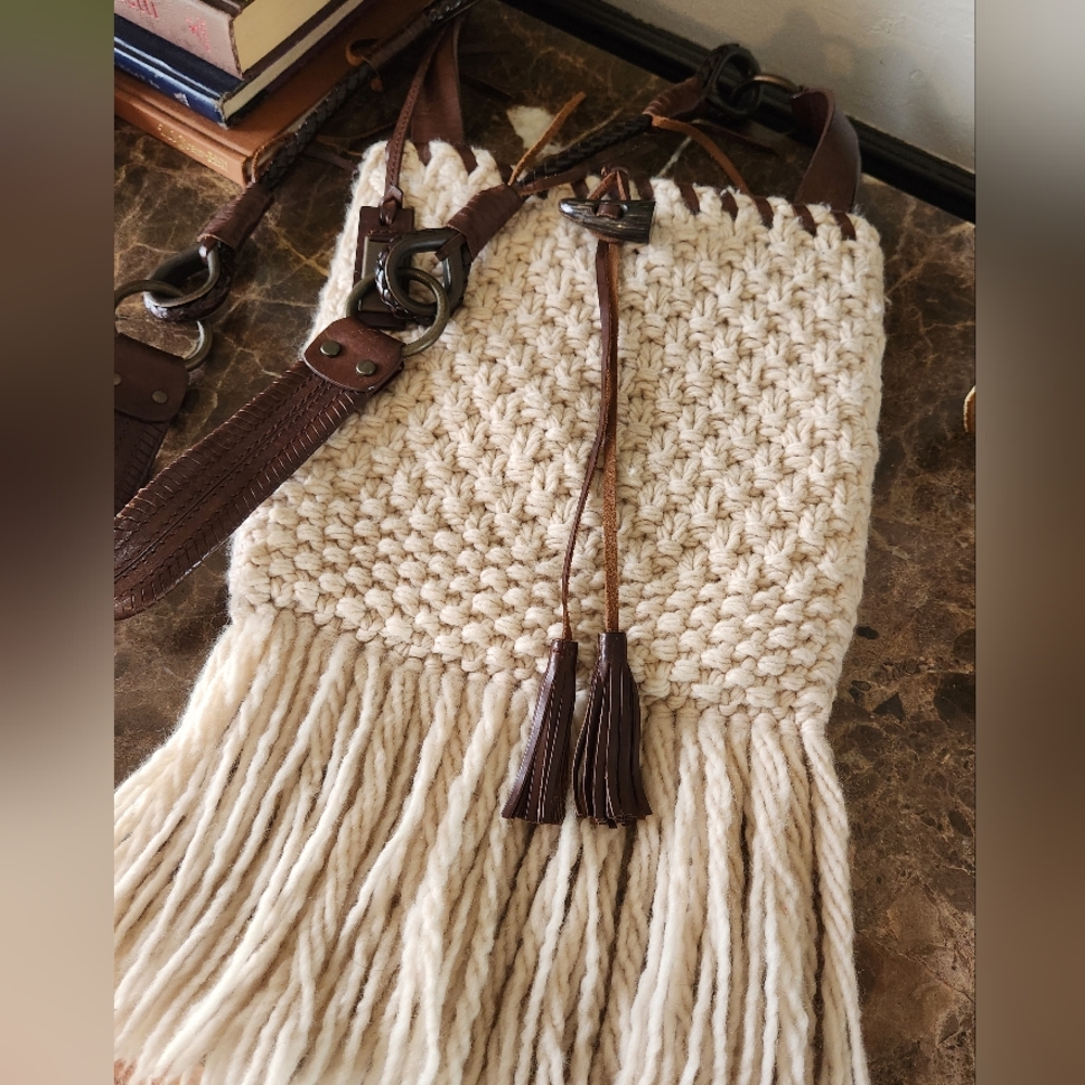 Dolce and Gabbana Wool/Leather Macrame crossbody handbag. Cream 10 x 10 inches.